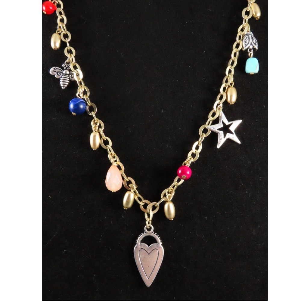 CHICO'S NECKLACE Matte Gold Chain BEADS STAR BEE DANGLES Heart Pendant LADYBUG